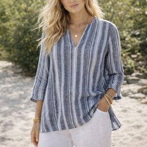 Lands' End 100% Linen Tunic Top Blue Stripe Boho Nautical Coastal Lagenlook Sz L